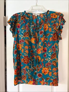 Olive & Oak Teal Floral Tassel Tie Ruffle Sleeve Blouse